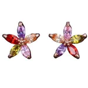 Rainbow Multi Coloured Zirconia Gem Studded Rose Gold Earring Tops